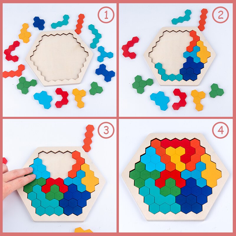 Wood Puzzles IQ Hexagon Puzzle Honeycomb Shape Tangram Board Toy Interesting Changeful Puzzle Toys for Children Adults Education