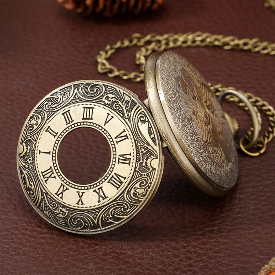 Classic Retro Bronze Roman Numerals Quartz Pocket Watch Half Hunter Arabic Numerals Display Dial Unisex Pendant Pocket Clock