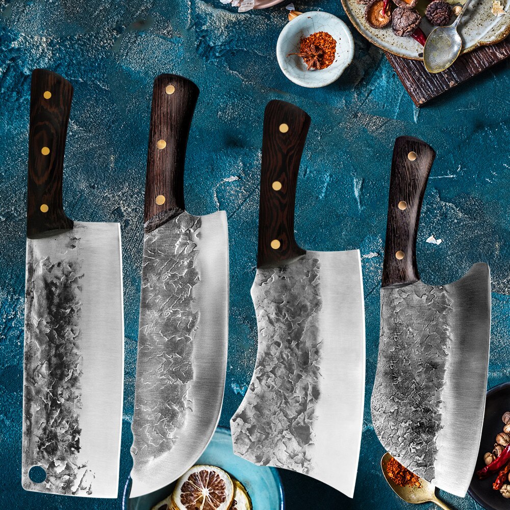 Traditional Forged Kitchen Knife Set Handmade Hammer Stainless Steel Chef's Chopper Cooking Knives Meat Slicer Butcher Knife