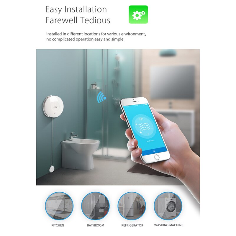 Electric WiFi Water Sensor Flood Leak Detector Alarm Tuya Smart Life App for IOS Android Notification Alerts