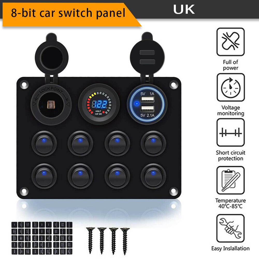 8 Gang Led Marine Boat Switch Panel 12V ON-OFF Toggle Switch Panel 2 USB Charger Car Boat Marine RV Truck