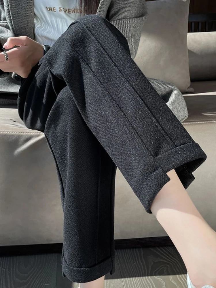 Pantalones rectos de Tweed de cintura alta para mujer, pantalón corto grueso y cálido, holgado, informal, en espiga, otoño/invierno, 2025: XXL / Negro