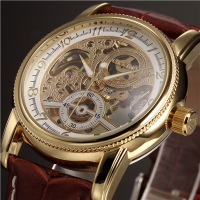 Mænds armbåndsure luksus gyldent skelet mekanisk steampunk mandligt ur automatisk armbåndsur læderrem herren horloges: Guld hvid