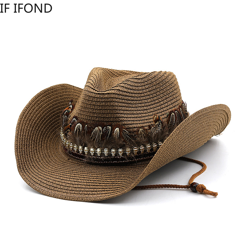 Hand Made Straw Western Cowboy Hat For Women Men Summer Curling Brim Beach Sun Hats Panama Cowgirl Jazz Cap