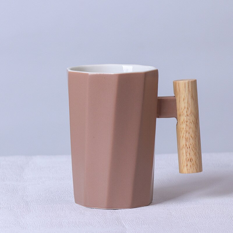 380ml Wood Handle Ceramic Coffee Mug Polygonal Office Home Milk Tea Cup For: Pink