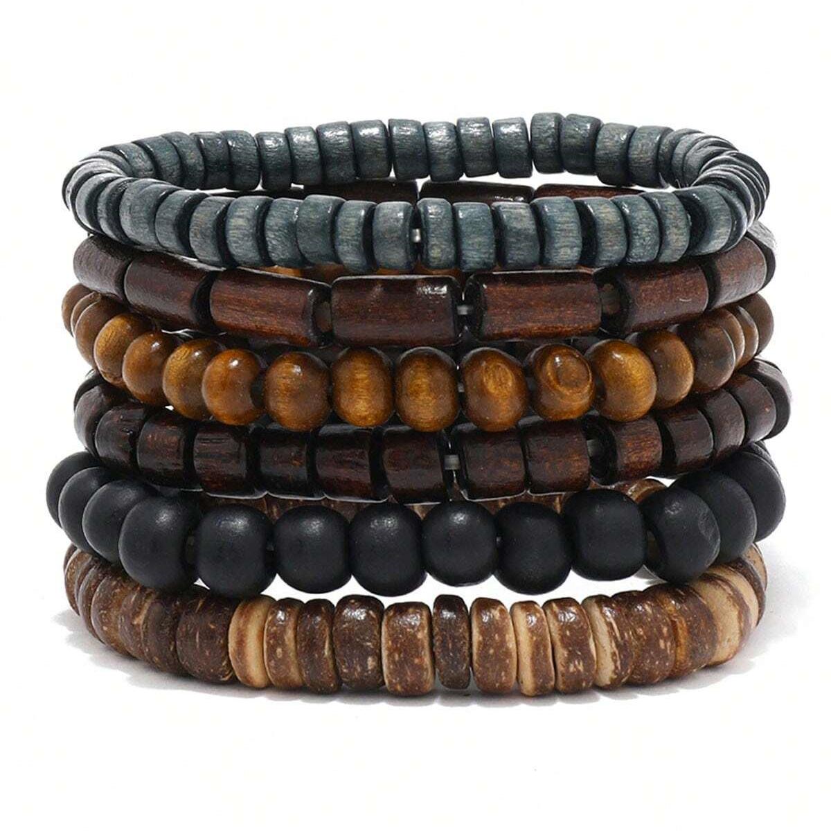 6/4PCS 3 Stijl PU Wodeen Gevlochten Wrap Lederen Armband voor Mannen Vintage Leven Houten Kralen mode Mannelijke Armband: Rood