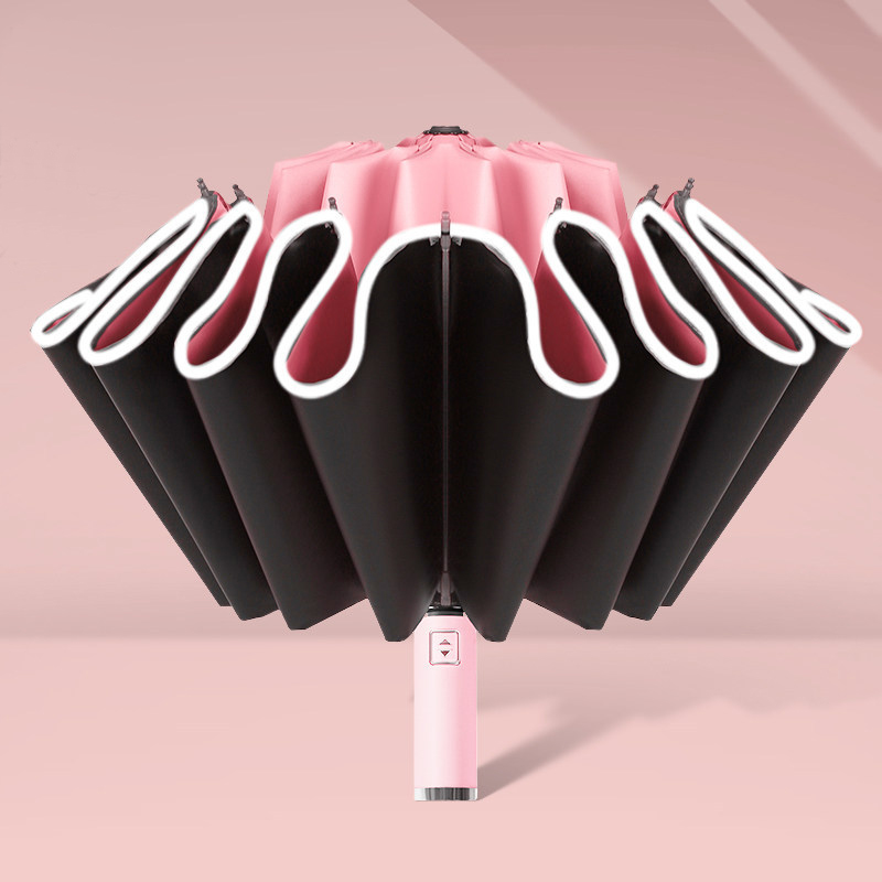 Automatic Folding Strong Umbrella for Men Women Windproof 12Ribs Reverse Umbrella Wind Resistant Trip inverted Rain Umbrella: Automatic pink