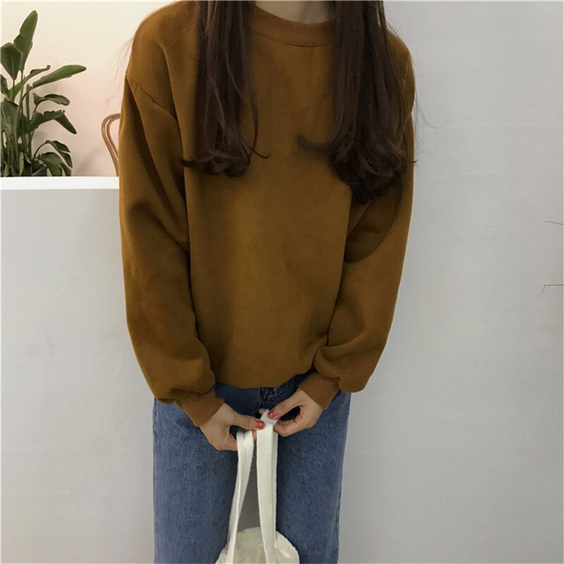 Sudaderas mujer harajuku solid sweatshirt kvinder langærmet hættetrøje løs kvinder hættetrøjer sweatshirts afslappet træningsdragt: Khaki