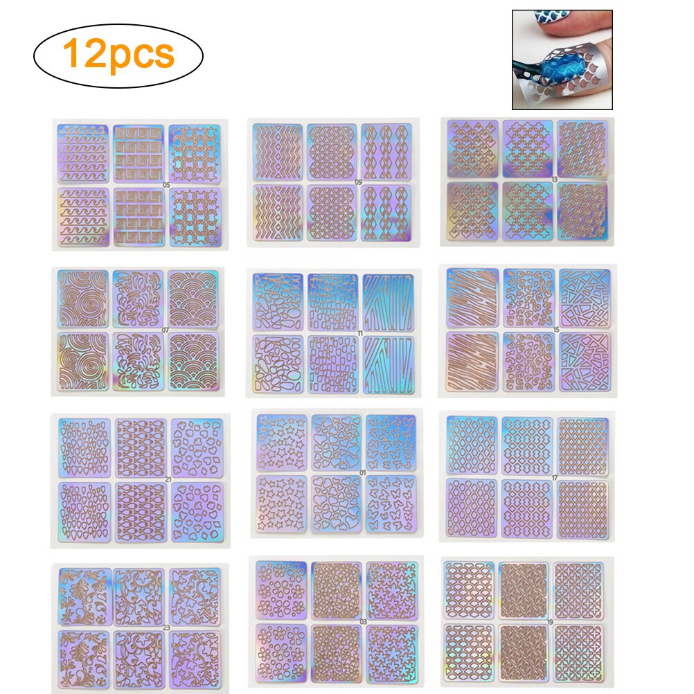 24Pcs Diy Nagels Stempelen Template Nail Stickers Onregelmatige Grid Stencil Herbruikbare Nail Art Vinyls Hollow Nail Stickers: 12PCS