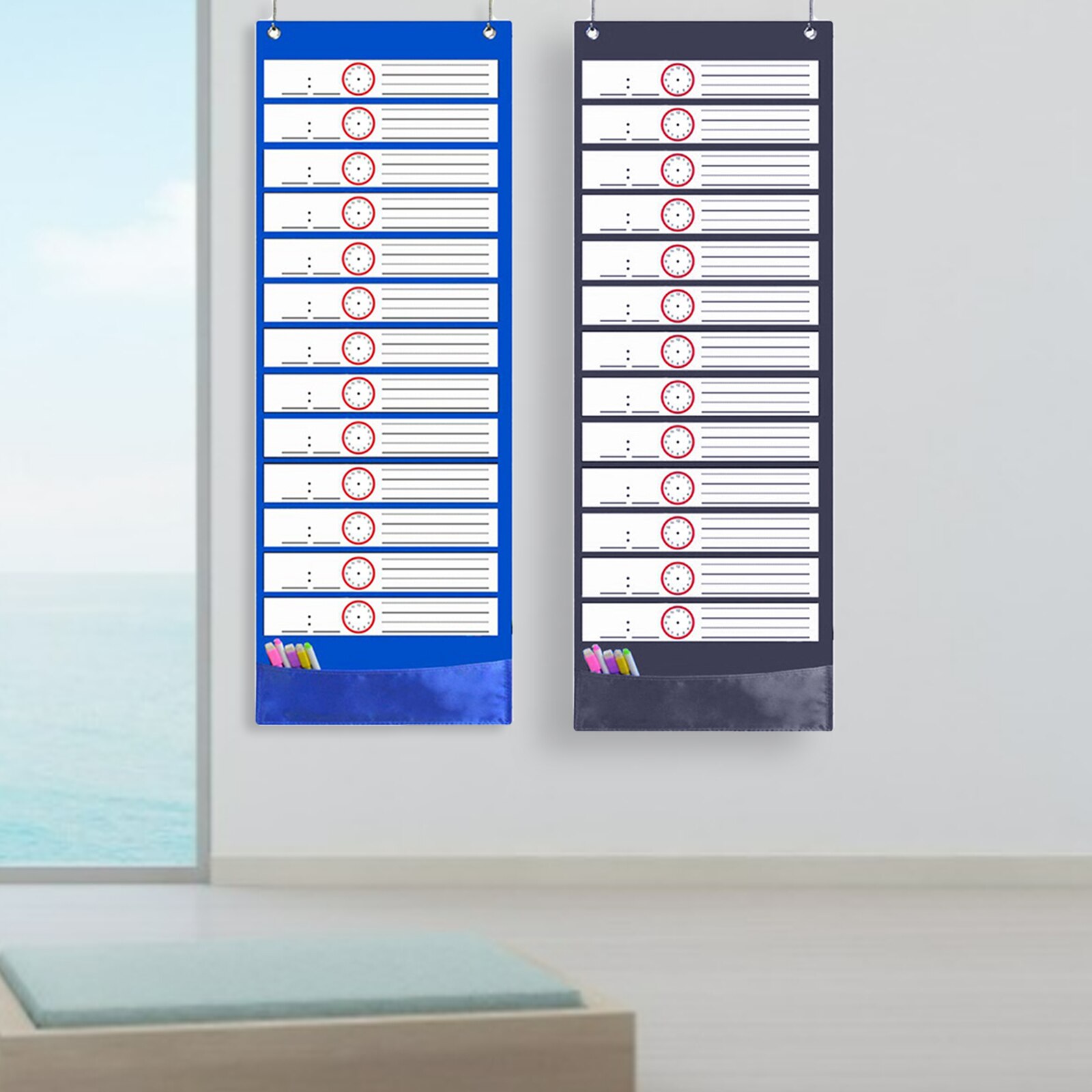 Classroom Pocket Chart Over Door Mounted with 18 Dry Erase White Cards for Home School