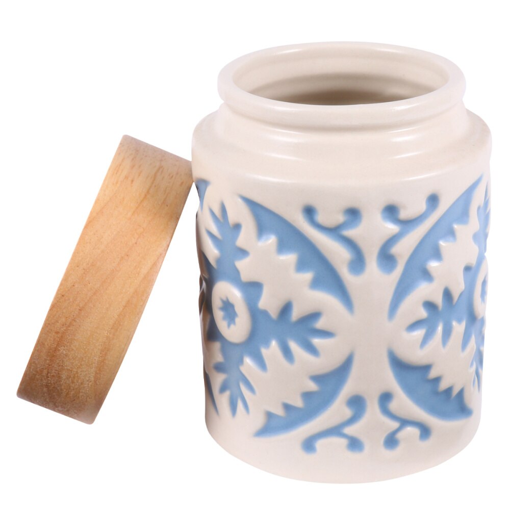 Ceramic Grain Canister Food Kitchen Sealed Storage Container Empty Storage Jar Dried Fruit Jar with Wooden Lid (Red): Blue