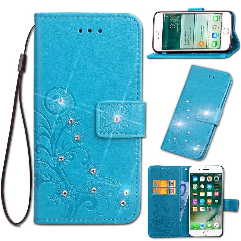 Sunjolly Case voor Cubot X18 Plus Lanyard Gras Rhinestone Flip Wallet Telefoon Cover coque voor Cubot X18 Plus X 18 plus Case Cover: Blue for X18 Plus