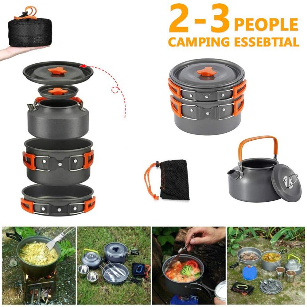 Kit d'ustensiles de cuisine pour le camping en extérieur, en aluminium, bouilloire à eau, casserole de voyage, randonnée pique-nique, barbecue BBQ, équipement de cuisson