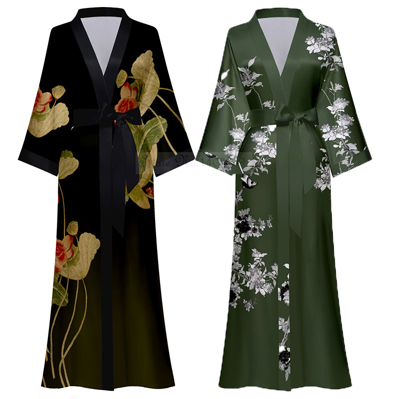 Albornoz tipo kimono largo con estampado de flores para mujer, bata de boda Sexy de media manga, camisón de rayón para primavera y verano, vestido para casa, ropa de dormir