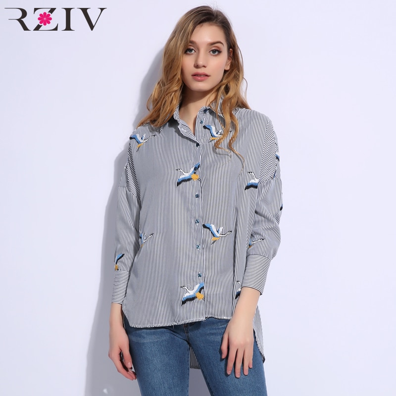 RZIV Lente vrouwen shirt blouse casual gestreepte shirt losse geborduurd overhemd top