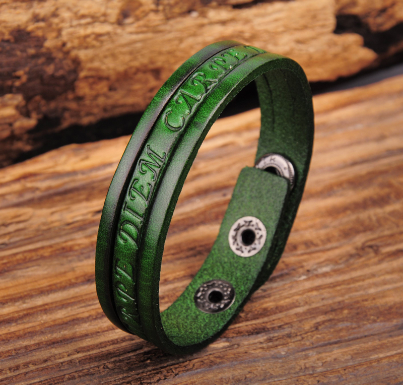 G369 Green Stijlvolle Enkele Wrap Vintage Reliëf Lederen Polsband Armband Manchet