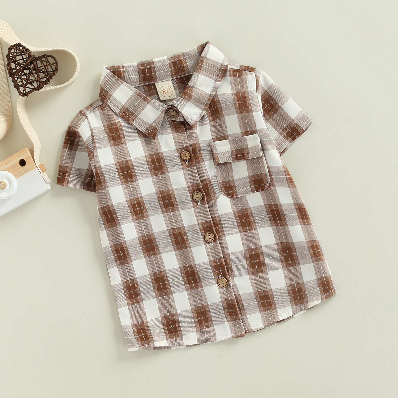 1-5Years Boys Short Sleeve Shirts Toddler Kid Lapel Buttons Contrast Color Plaid Shirts Tops