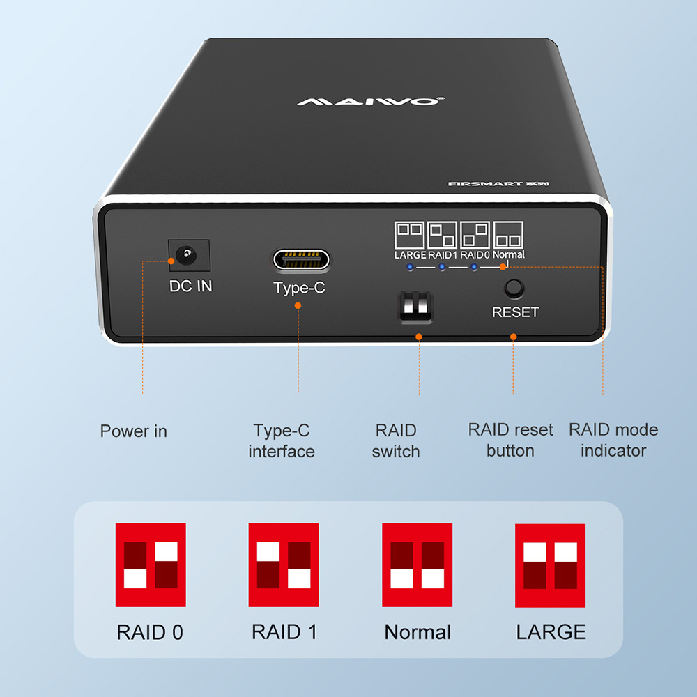 MAIWO Hard Drive Array Enclosure Dual-bay for 2.5 inch External HDD SSD Case RAID Array Type C 2.5" Dual Disk Array Enclosure