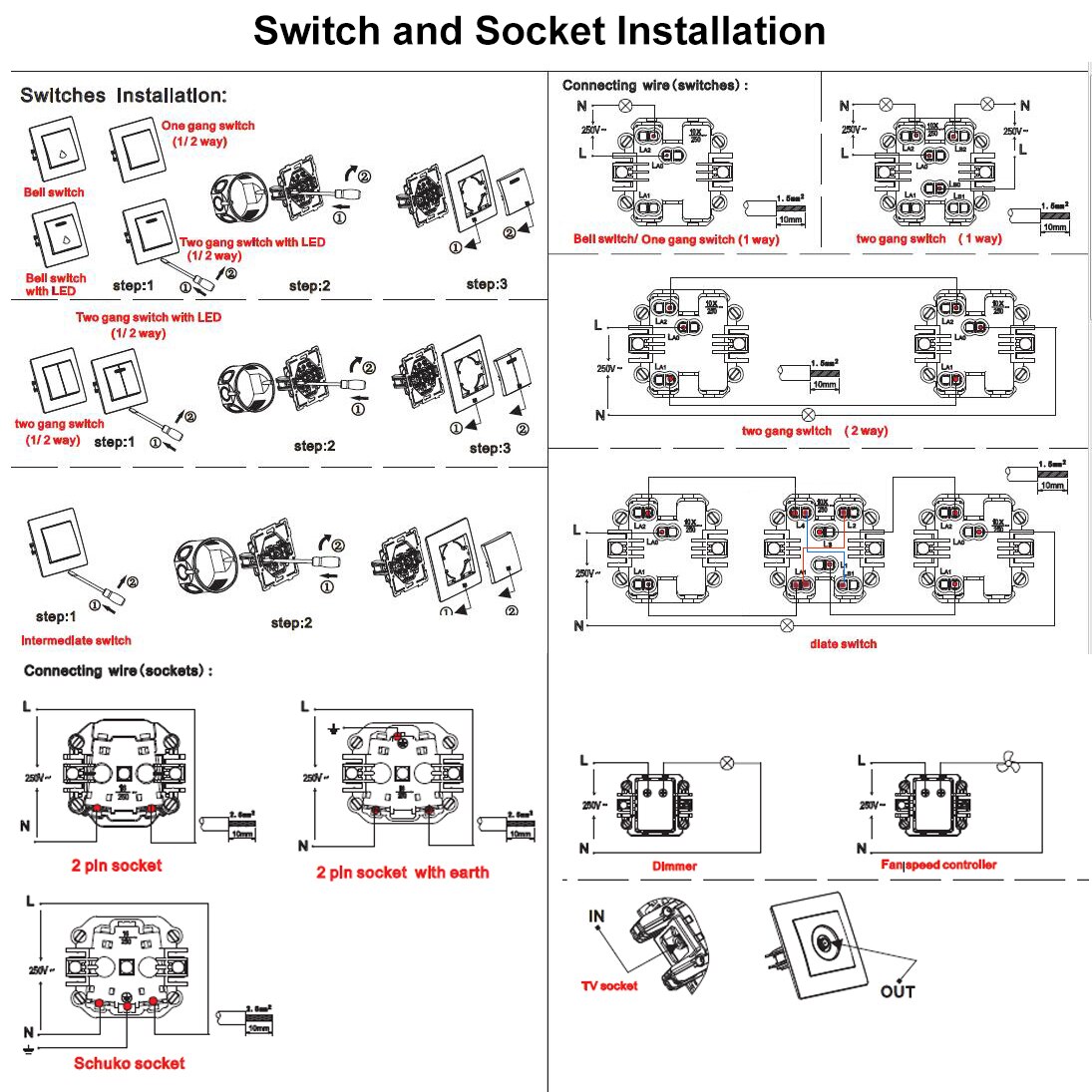 Metal EU 1 Gang Light Switch and Socket Wallpad 156*86mm Satin Panel 16A Schuko EU Power Socket 2 Way Switch with Clips Mounting