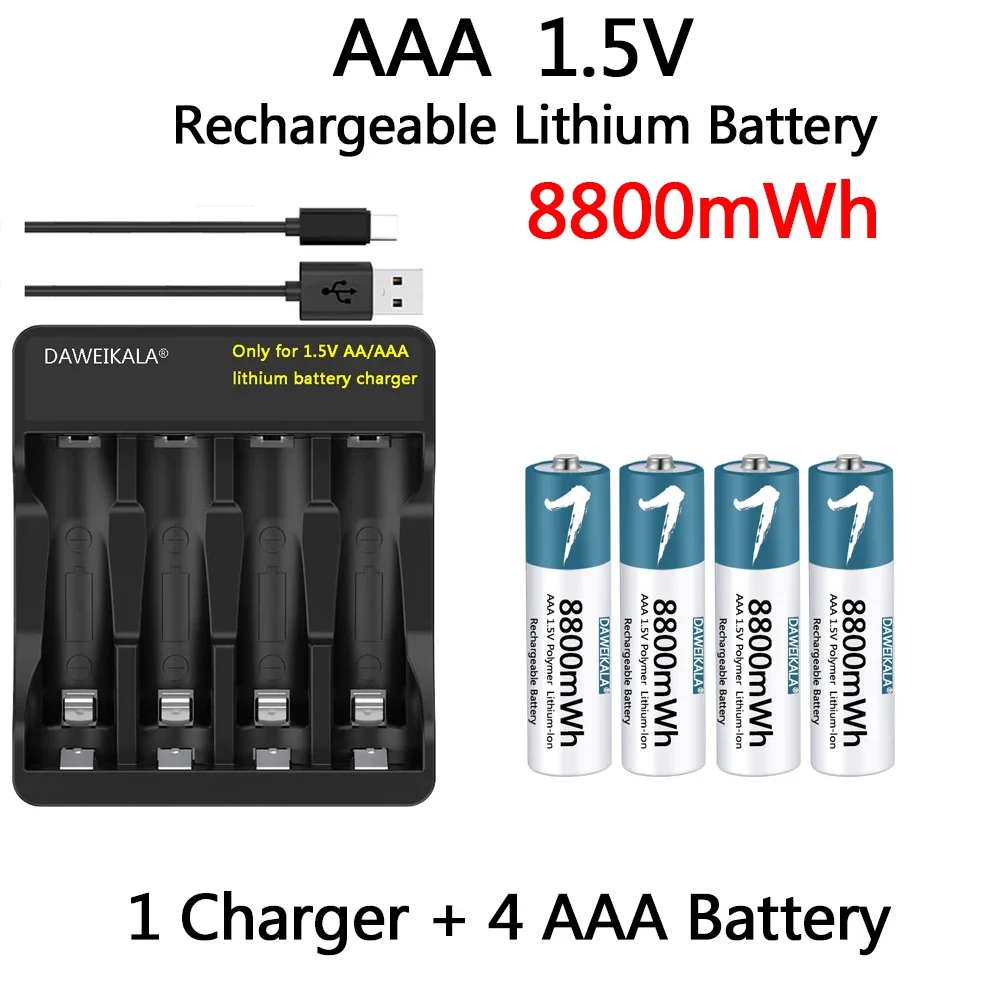 AAA Battery 1.5V Rechargeable Polymer Lithium-ion Battery AAA Battery for remote control mouse Electric toy with USB charger: black