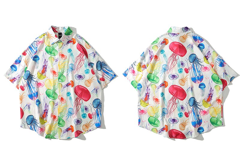 Lenstid mænd hip hop hawaiisk skjorte farverige vandmænd print harajuku streetwear strand skjorte sommer korte ærmer overdimensionerede skjorter: Hvid / Overdimensioneret m