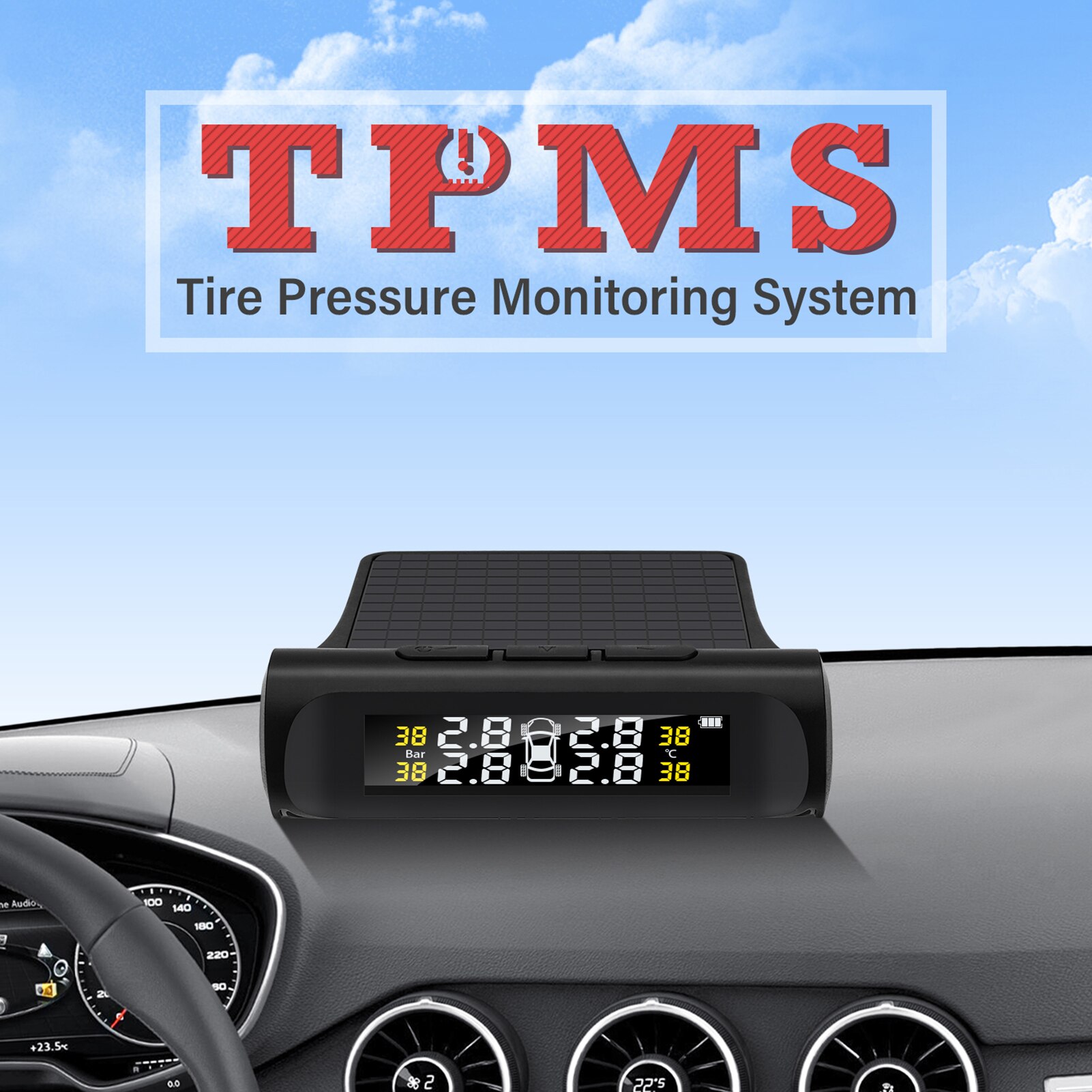 Car TPMS Tire Pressure Monitoring System Car Wireless Alarm System TPMS, 4 External Sensors, Tire Pressure & Temperature Display