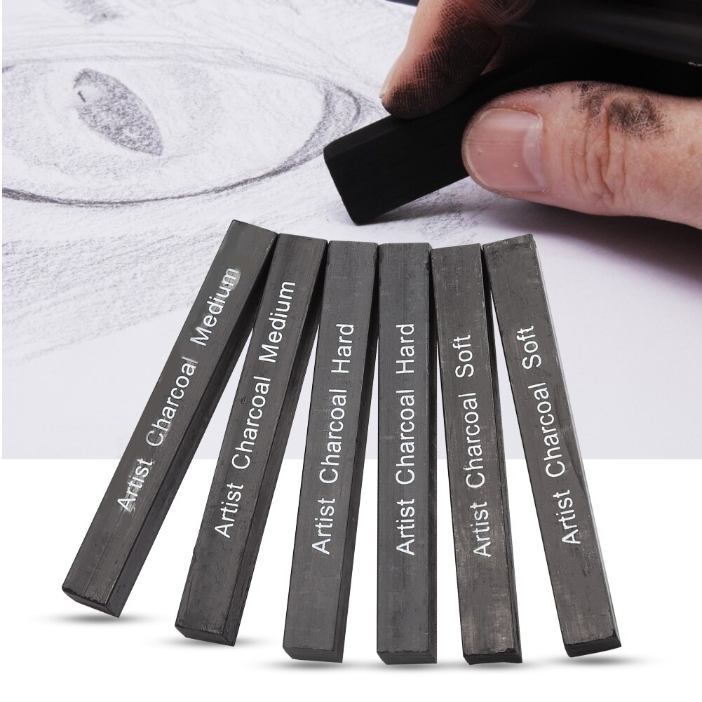 Bâton de charbon de bois comprimé 6 pièces carré doux/moyen/dur Graphite dessin crayon Art fournir des bâtons de charbon de bois pour la peinture