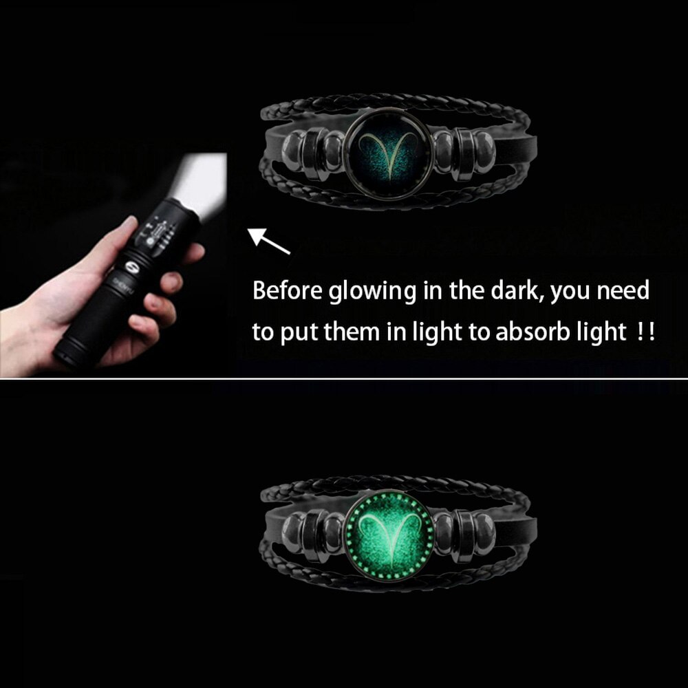 Luminous 12 Constellation Glow In The Dark Bracelet Men Leather Glowing Night Fluorescence Charm Bracelets for Halloween