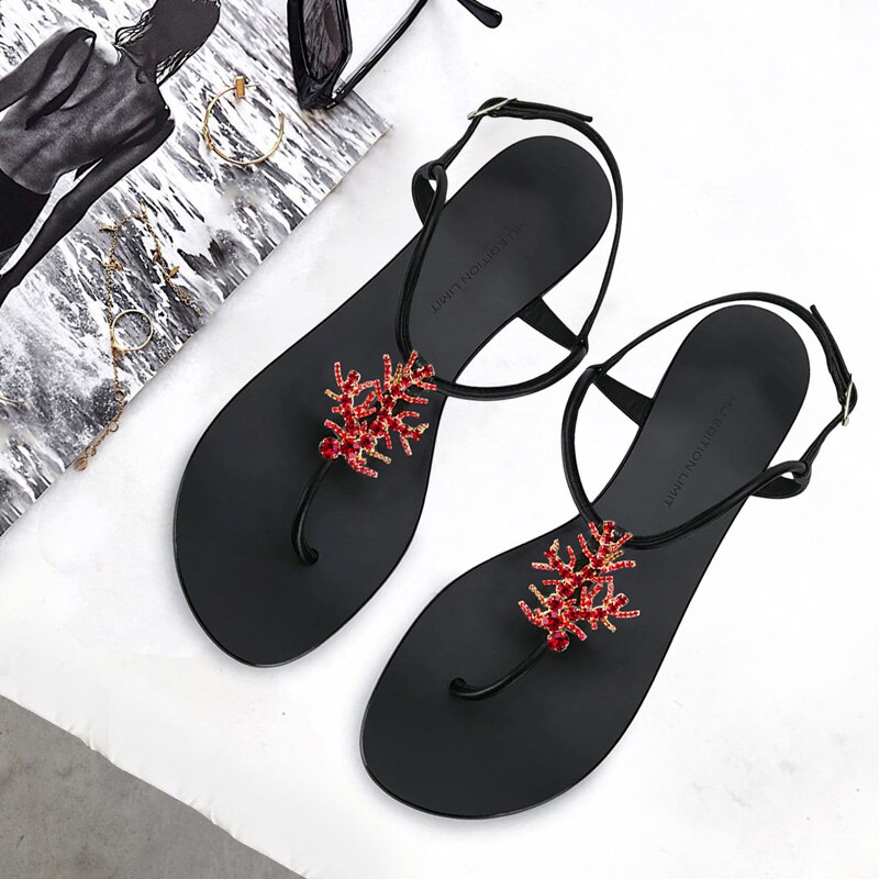 summer woman beach diamonds Red Coral flat sandal rhinestones Red Coral T strap flip-flop woman flat sandal INS Red Coral sandal