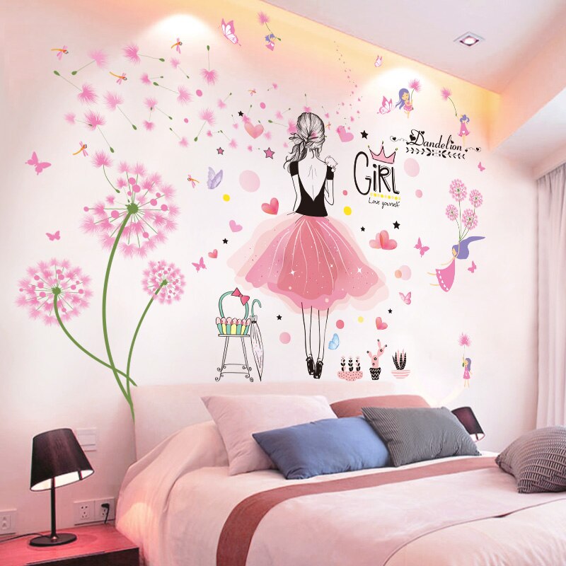 [shijuehezi] maskros blommor väggklistermärke gör-det-själv flamingo väggmålning dekaler för barn sovrum babyrum barnrum heminredning: Blomma och flicka 3