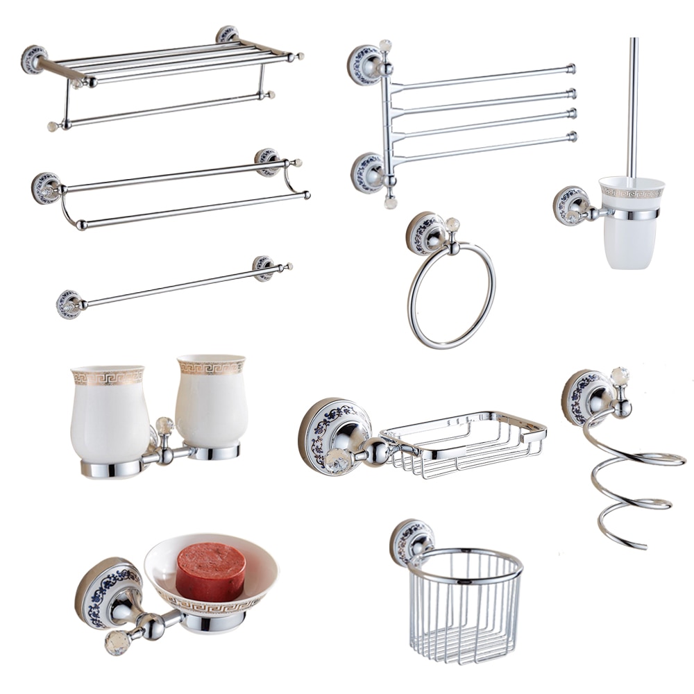 Silver Crystal Bathroom Hardware Set European Chrome Finish Ceramic Plate Antique Bathroom Accessories Hanging Suit T345
