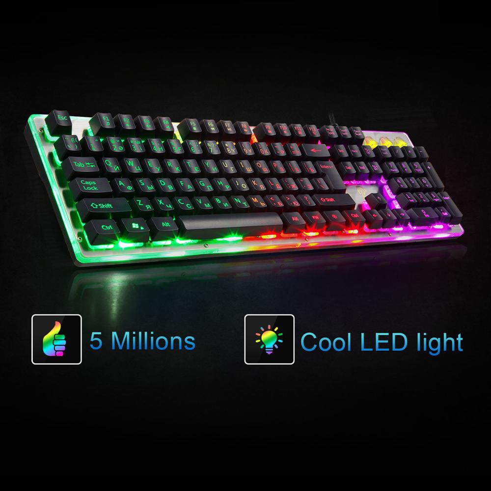 Gaming Keyboards 104-Keys RGB LED Backlit Wired Mechanical Feel Russian Keyboard for PC Laptop Tablet Gamer