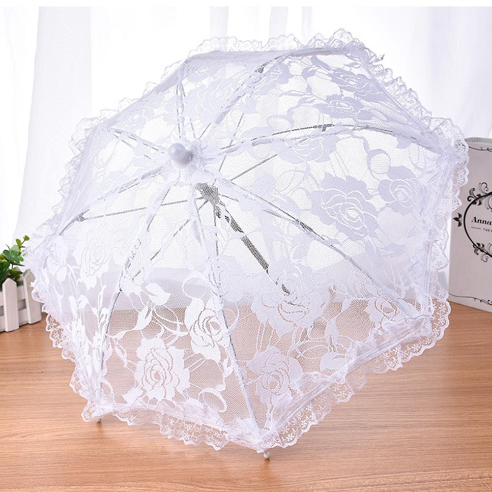 Paraguas decorativo blanco para boda, sombrilla pequeña de encaje con mango largo de acero inoxidable, estilo europeo y americano