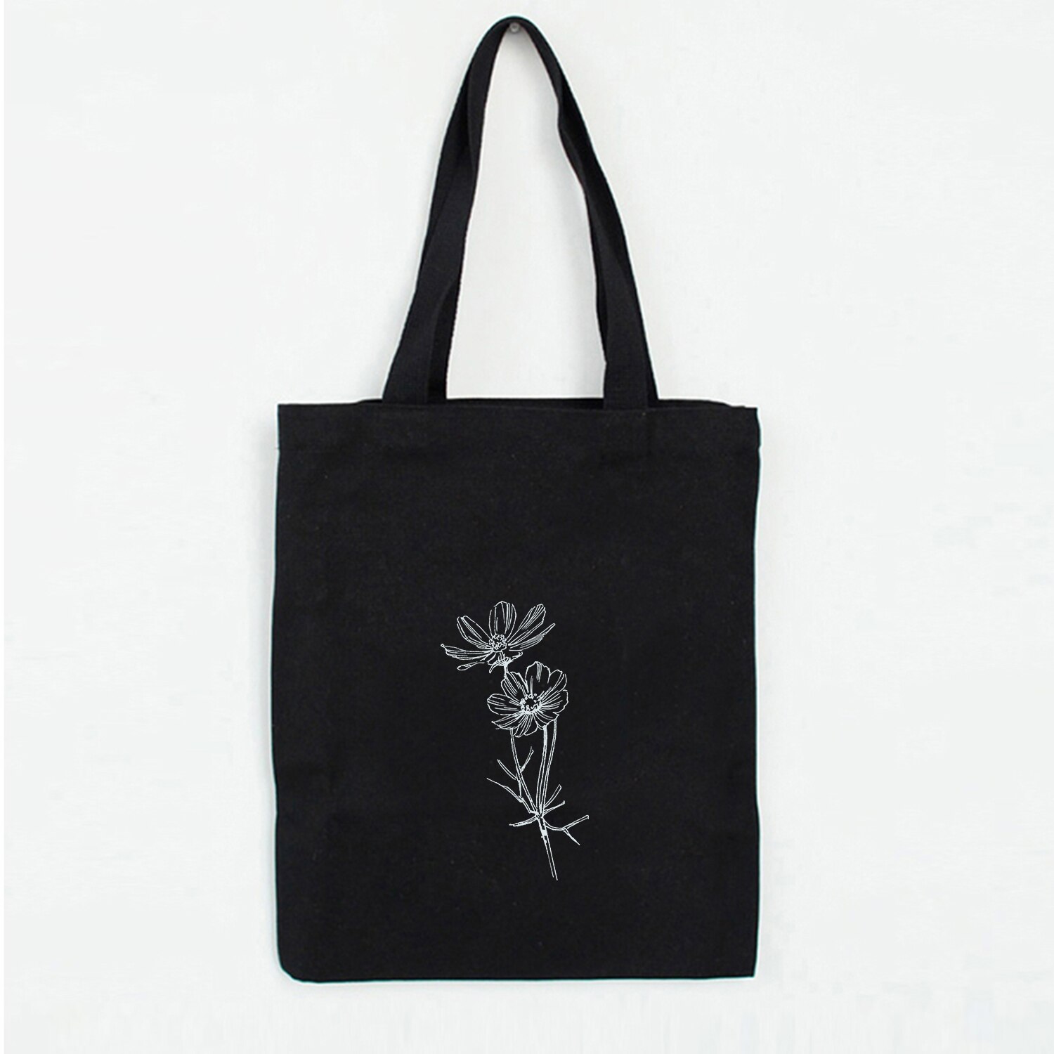 Bolso de hombro estampado de flores para mujer, con dibujo de líneas, estilo estudiante, Eco Harajuku, gran capacidad, arte literario: B5-26BLACK