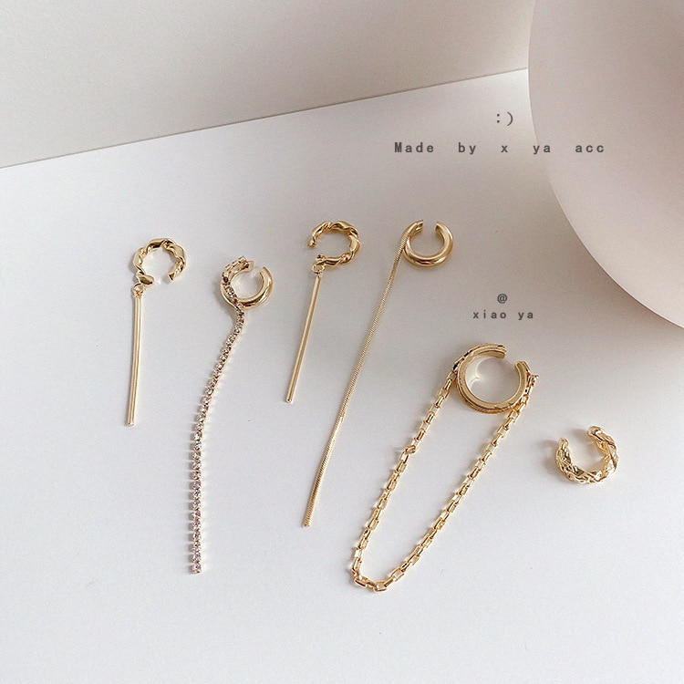 Huanzhi simpel guld metal asymmetri lang kvast ingen piercing øre manchet krystal krog klip øreringe til kvinder smykker
