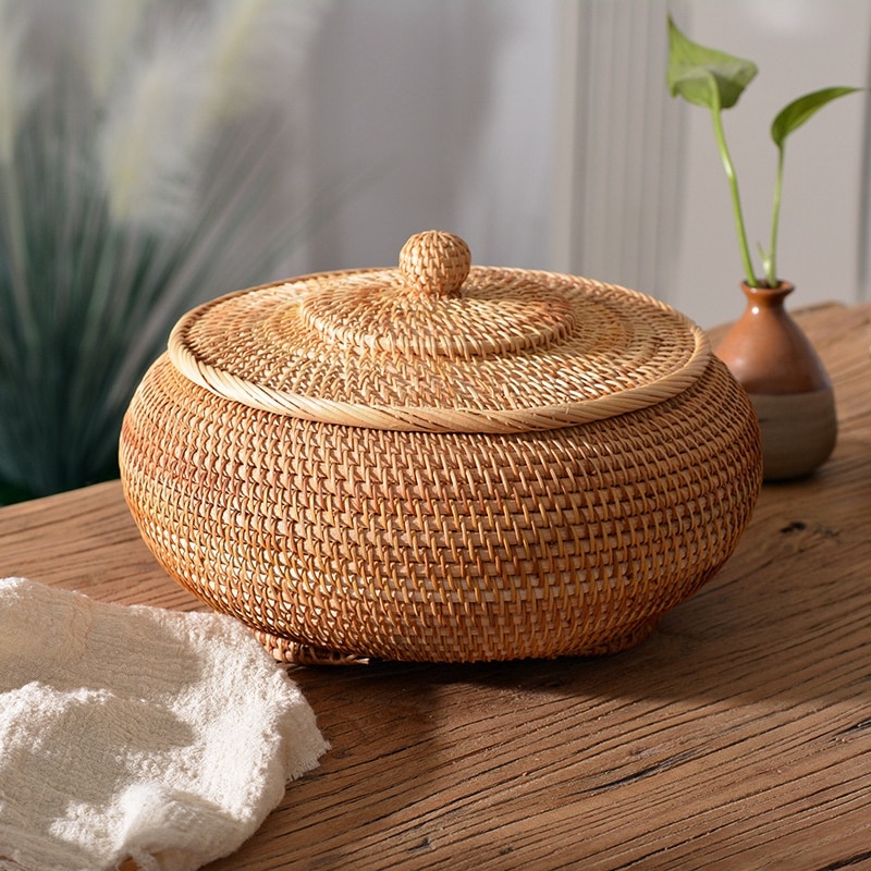 Boîtes rondes en rotin avec couvercle, tissé à la main, plateau en osier polyvalent, panier de rangement de Table à pain, pique-nique 11 pouces panier osier