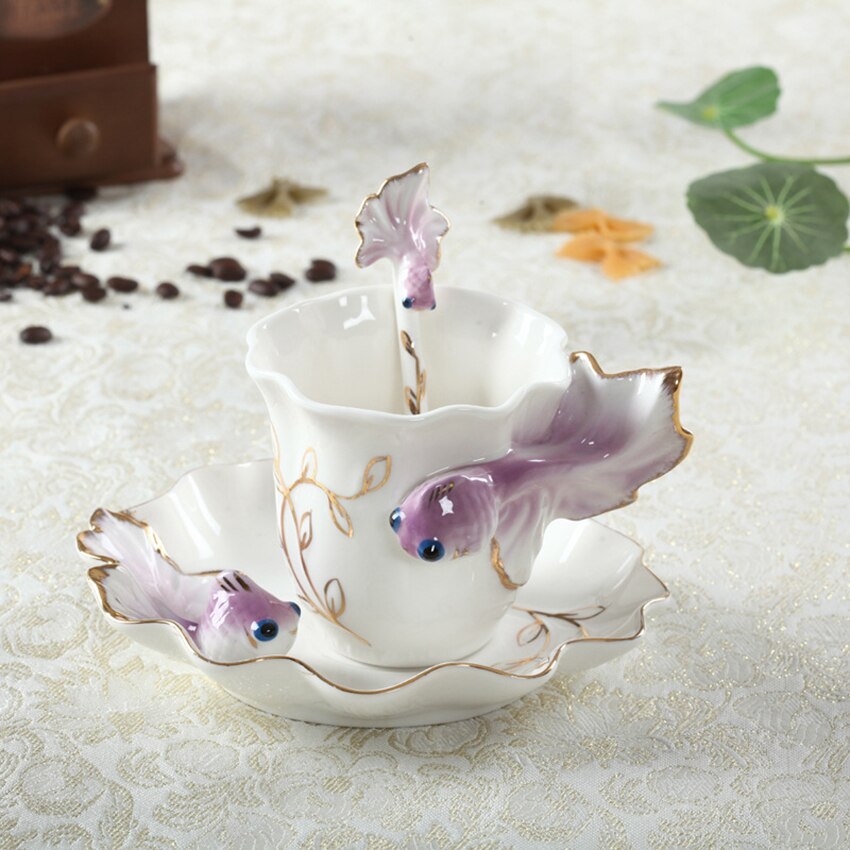 Emaille Porseleinen Kop &amp; Schotel Set Art Keramische Thee Koffie Cup Vis Porselein Thee Set Met Lepel Voor Ontbijt Thuis keuken