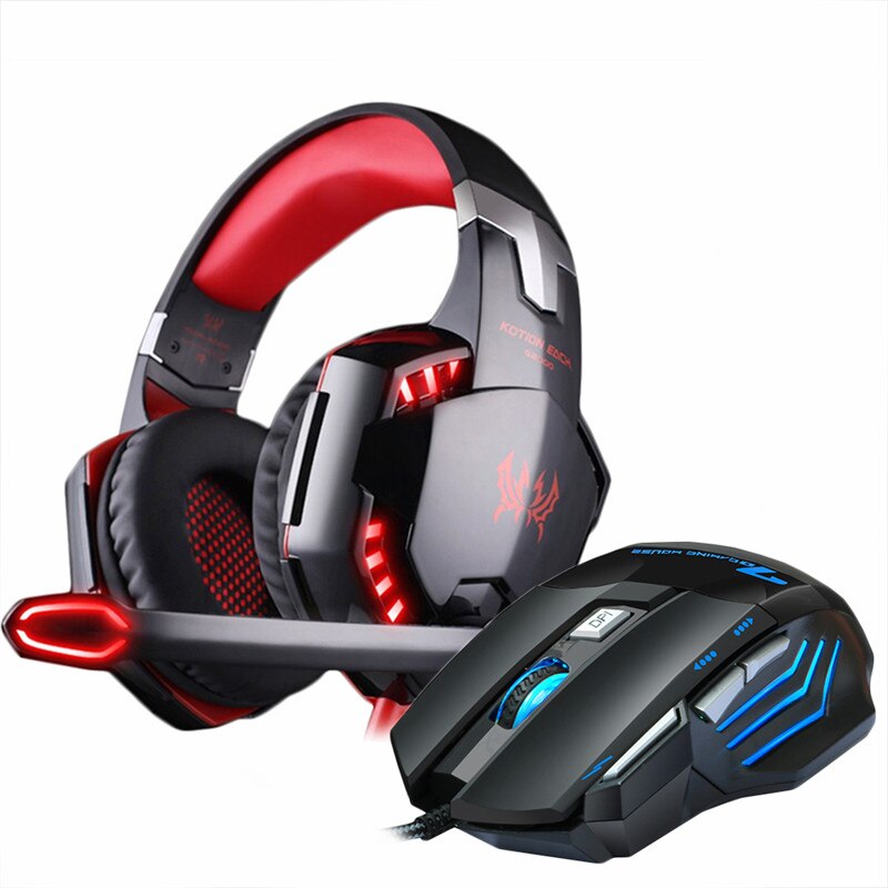 Gaming Headphones Headset wired Stereo with microphone big Earphone +Gaming Mouse 5000 DPI Mice Wired USB for PC Pro Gamer: G2000 red mmr3