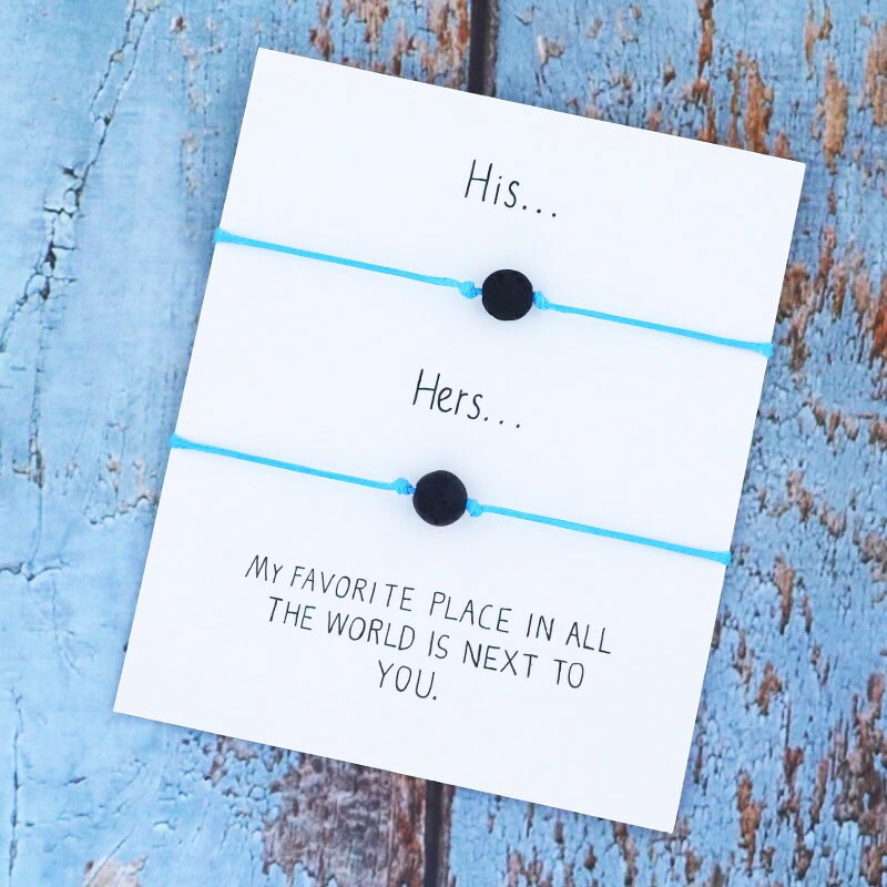 8mm zwarte lava wensarmbanden, bijpassende armbanden met zwart touw, vulkaansieraden voor hem en haar, vriendschapswenskaart