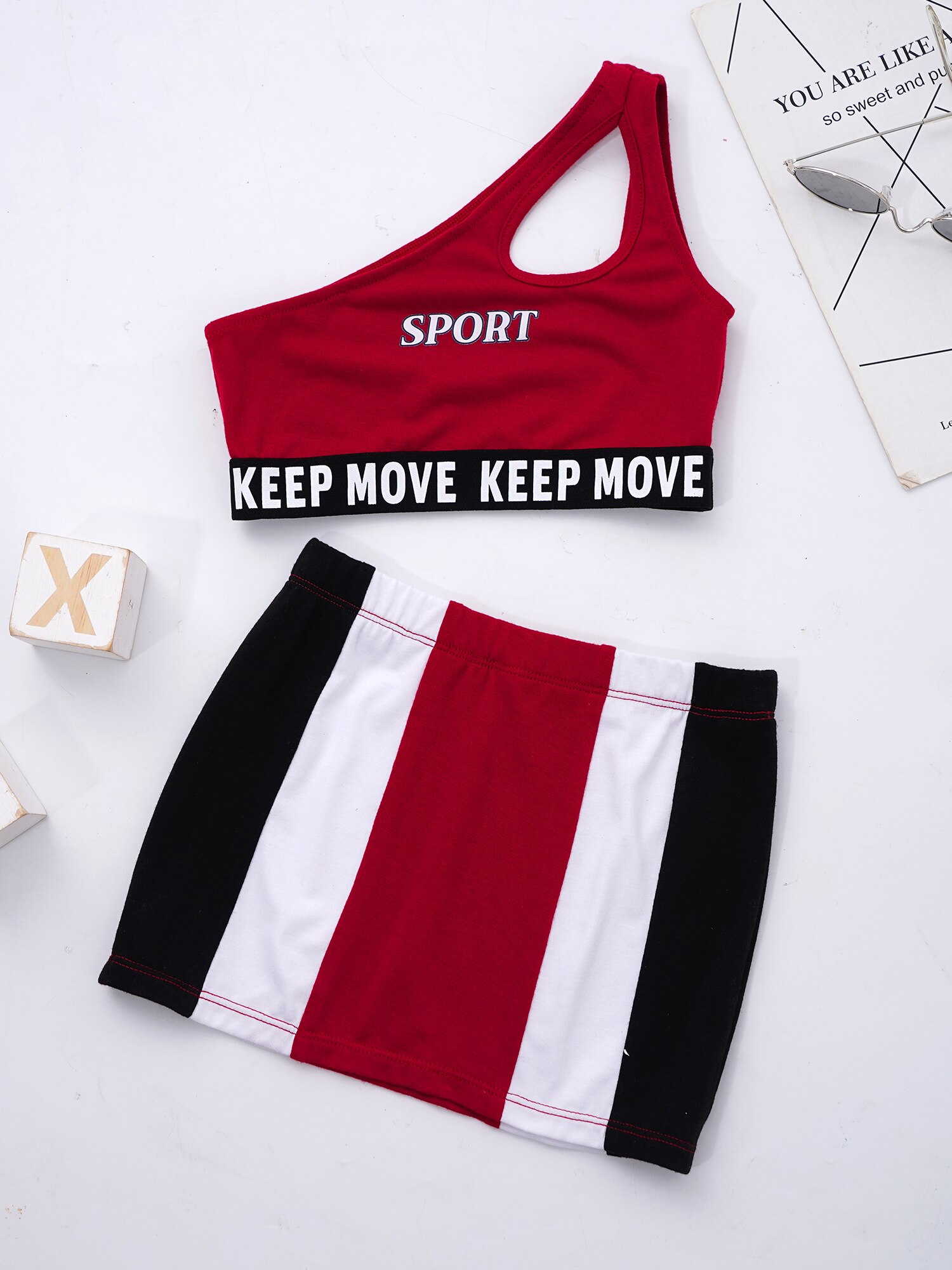 Conjunto de ropa deportiva para niños y niñas, chaleco y falda con estampado de letras y correa inclinada de un solo hombro, tenis, baile moderno, entrenamiento