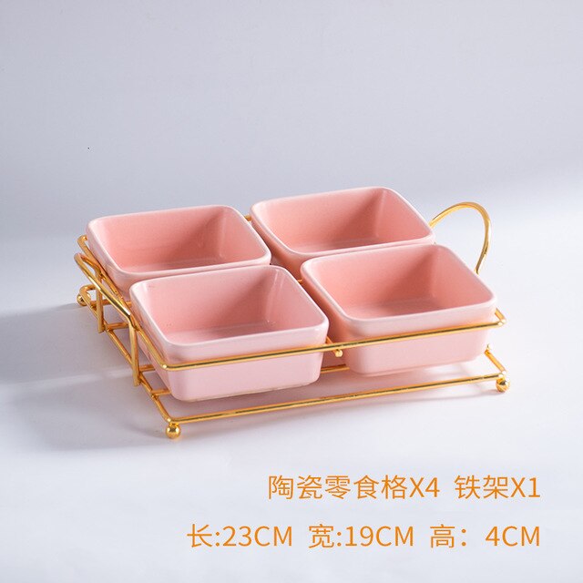 De cerámica bandeja de comida con divisores hogar fruta Bol para bocadillos bandeja de almacenamiento con soporte de hierro decoración de bandejas de ensalada: Pink4