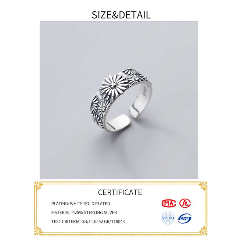 Inzatt real 925 sterling silber blumen-pflanzen-verstellbarer ring für damen party vintage feiner schmuck minimalistische accessoires