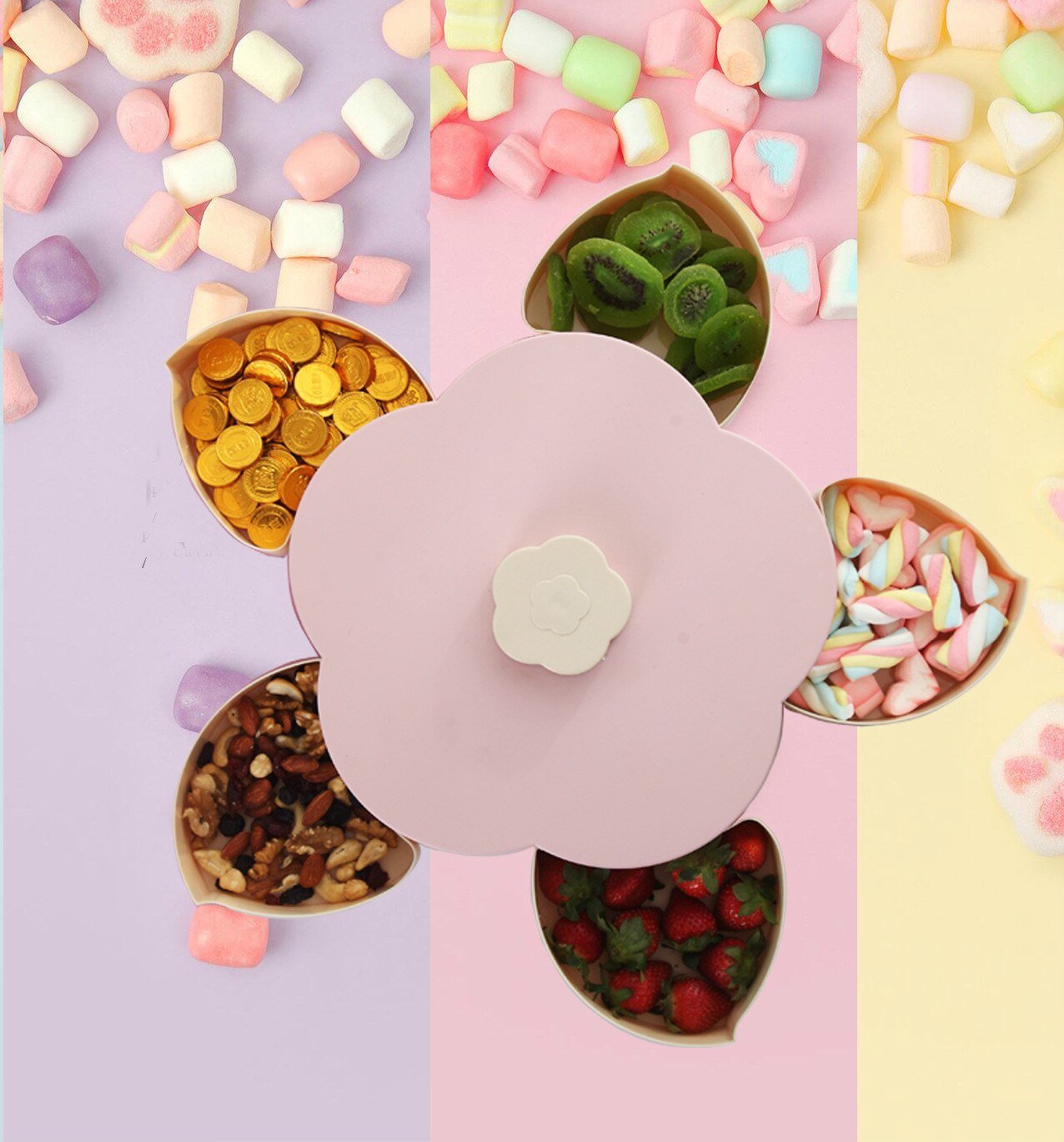 Double Layer Petal Shaped Rotating Candy Box Dish Snacks Tray Five Grid Dried Fruit Case Plastic Container: Large Single pink