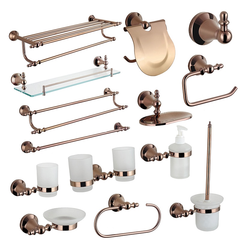 Rose Gold Bathroom Accessories Set Shower Soap Glass Shelf Liquid Dispenser Copper Toilet Brush Towel Holder Bath Room Hardware
