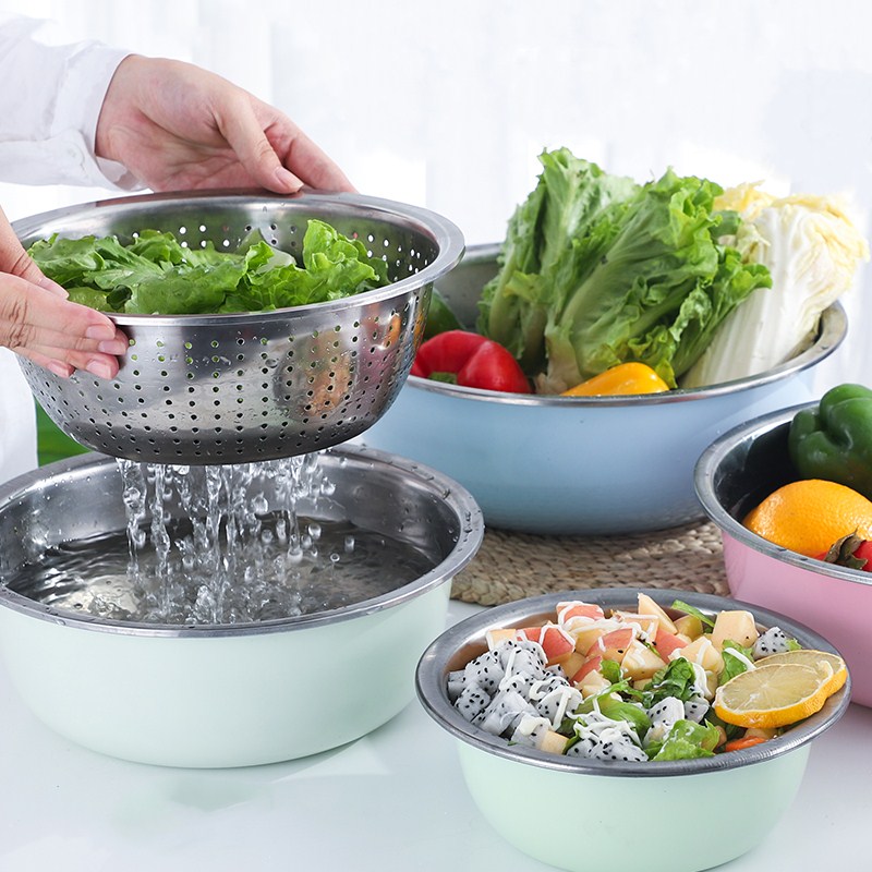 5PCS Stainless Steel Salad Bowl Drain Basket Drainer Mixing Bowls Set Kitchen Vegetables Fruit Washing Storage Container