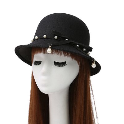 Mode Australische Wollen Fedora Hoed Strik Parel Hanger Noble Bowler Hoeden Voor Vrouwen Wide Brim Formele Kerk Cloche Hoed: 5
