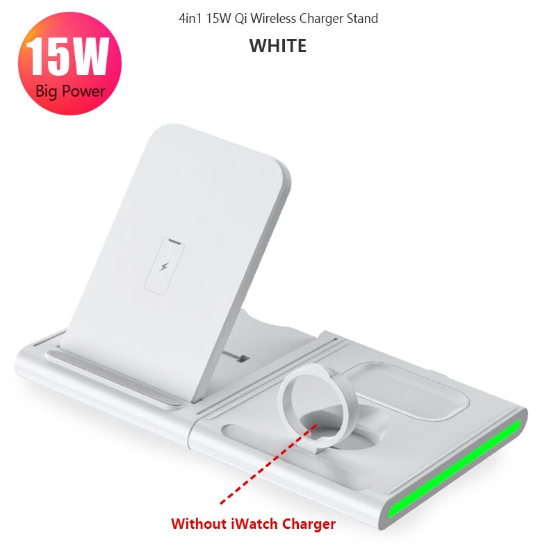 4in1 15W Wireless Charger Splicing Stand Holder for Apple Watch 5 4 3 iPhone 11 Xs Max Airpods Pro/2 Fast Charging for Samsung: White