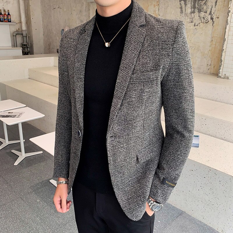 Business Casual Blazers Masculino Grey Patchwork Blazer Men Slim Fit Stylish Plaid Blazer Homem Terno Masculino Blazer Homme: Dark Gray / Korean M