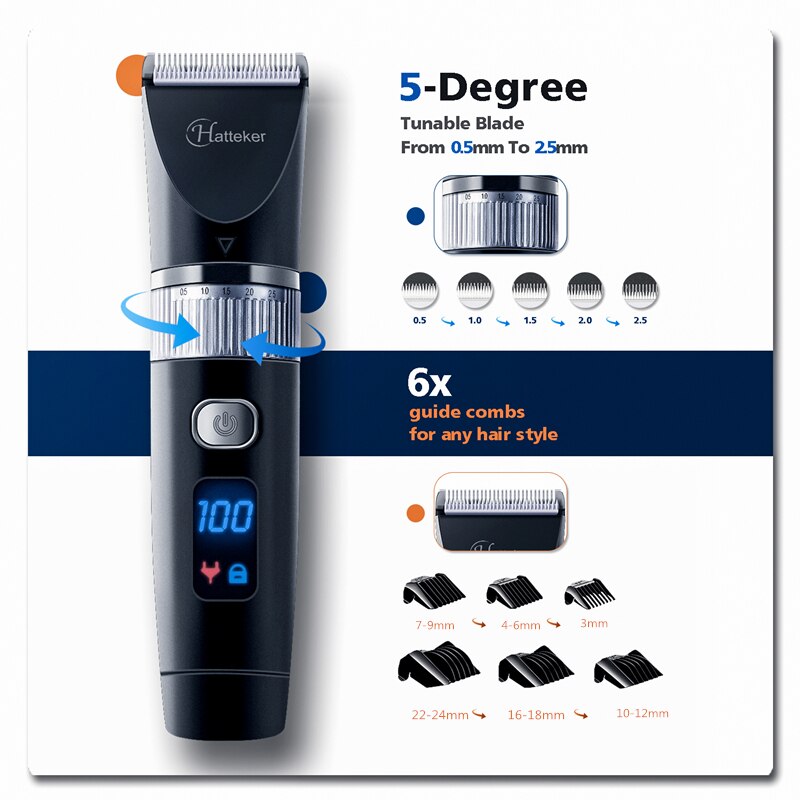 HATTEKER Hair Clipper Keramik Klinge Wasserdichte Elektrische Haar Trimmer Led-anzeige Haarschnitt Maschine für Männer