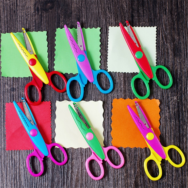 1pcs Scissors Metal and Plastic Diy Scrapbooking Photo Colors Scissors Paper Lace Diary 6 Patterns Stationery